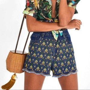 Farm Rio - Embroidered Pineapple Denim Shorts